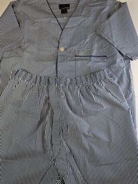 NWR Bill Blass Blue and White Striped Men’s Pajama Set Cotton Blend Elastic Wais